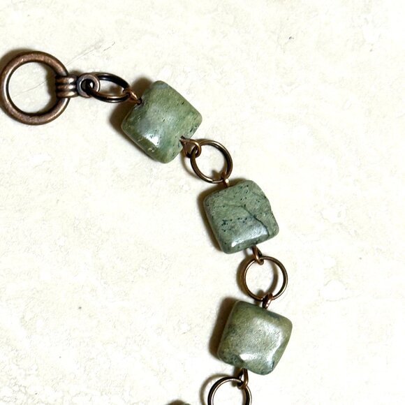 2/$20 Dark Green Serpentine Geometric Bracelet, Genuine Gemstone + Copper Links - Picture 5 of 11
